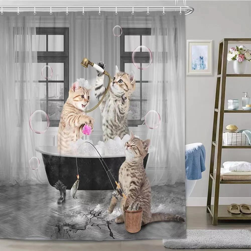 Funny Cat Shower Curtain Fun Animal In Bathtub with Fish Cloth Fabric Shower Curtain Hilarious Pet Bathroom Decor Set with Hooks
