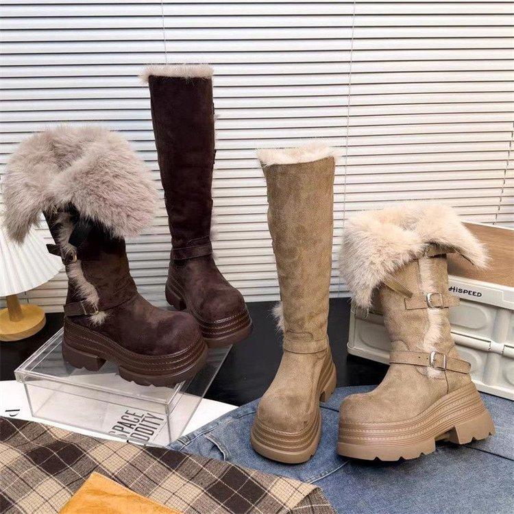 Retro Long Tube Two Wear Martin Boots Thick-soled Velvet Snow Boots Thin Buckle Knight Boots