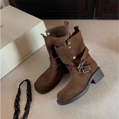 Kurzstiefel Damen 2026 Neu Plateau-Stapelstiefel Herbst und Winter Kurzstiefel Dicker Absatz Schnallenreißverschluss Reitstiefel Damen