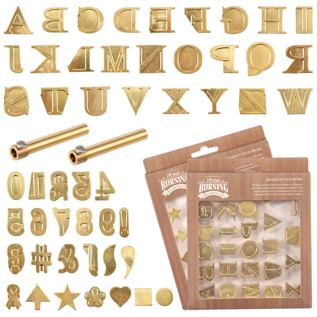 52Pcs Wood Burning Tip Set Letter Wood Burning Tool Brass Alphabet Number Template Symbol Pyrography Head Tools