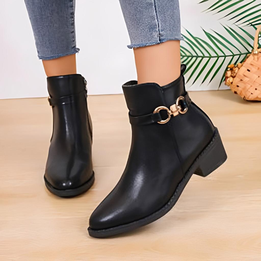 Mode Damen Leder Quadratische Absätze Reißverschluss Uni Kurze Stiefeletten Runde Zehenschuhe Stiefel Damen Stiefeletten