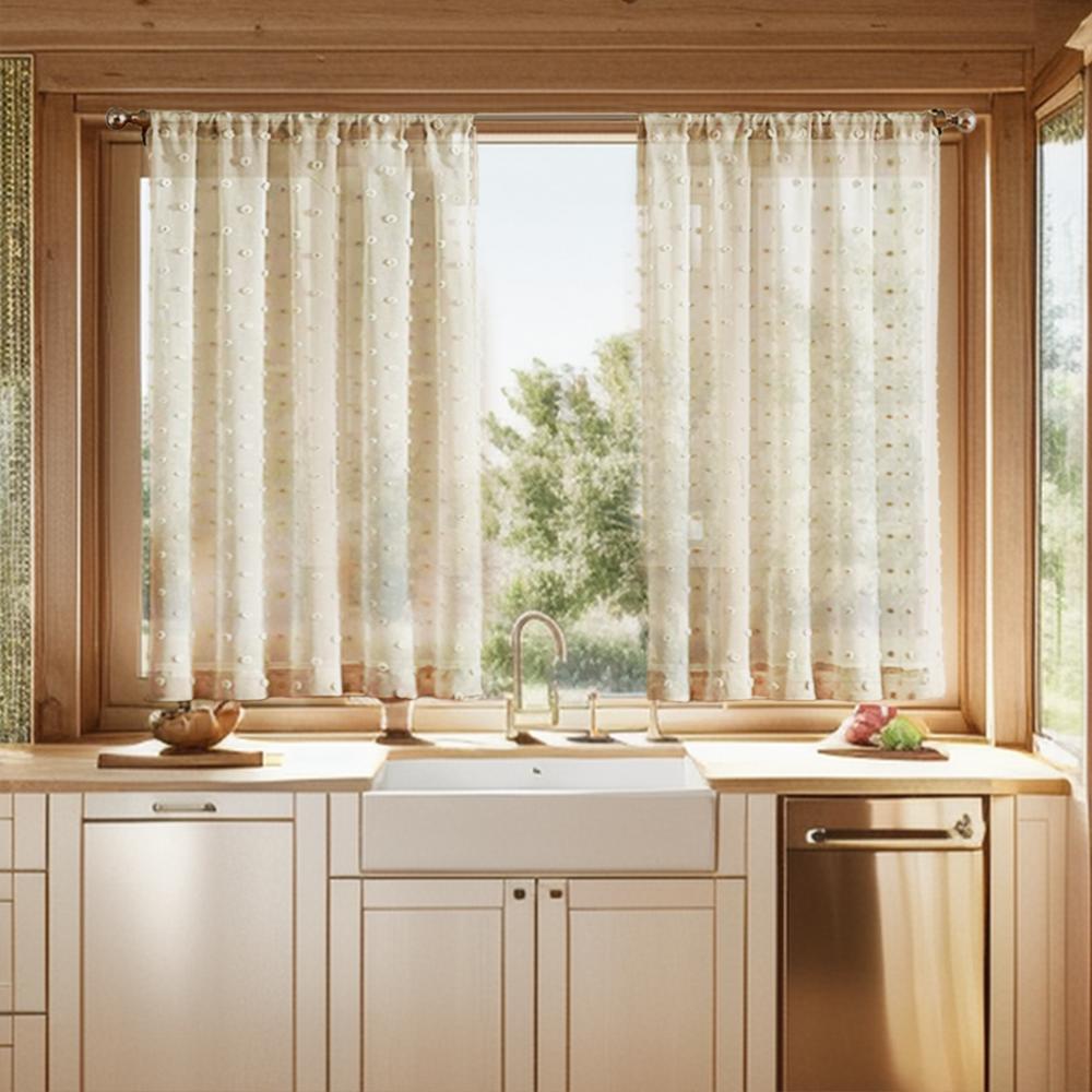 Kitchen Curtains, 2-Piece Set, Polka Dot Jacquard, Rod Pocket Top