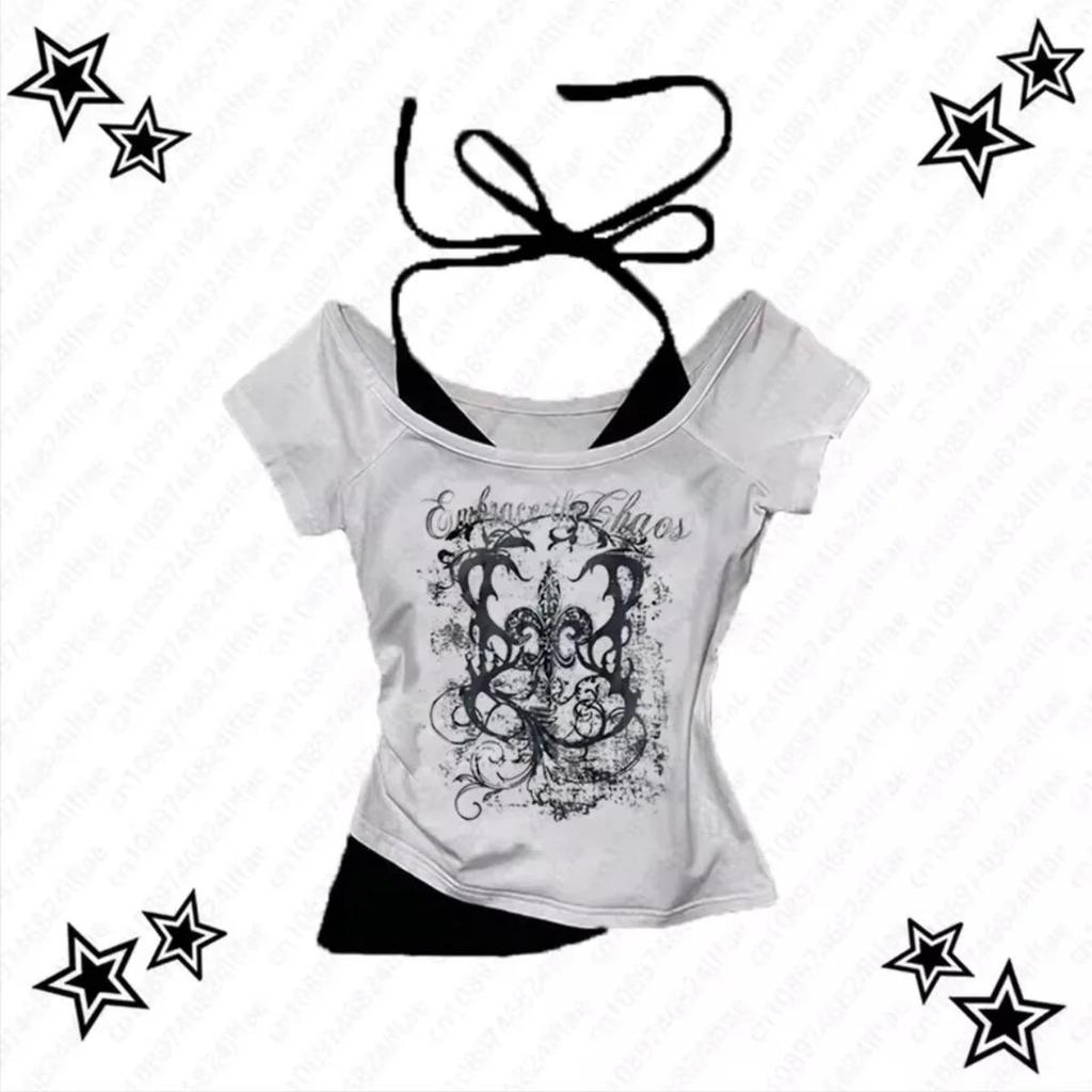 Damen 90er Vintage Punk T-Shirt Streetwear Sexy Kurzarm Gothic Slim Crop Top Hotgirl Lässig Femme Tee Harajuku Y2k