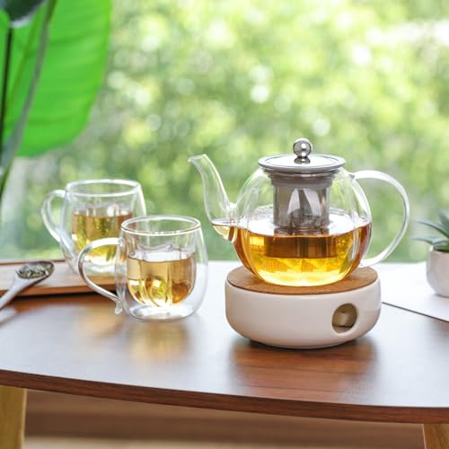 VKCHEF Heat-Resistant Glass Teapot, Transparent, 1000ml Capacity, Stainless Steel, with Tea Strainer, Suitable for Direct Heat, Perfect for Fruit Tea,