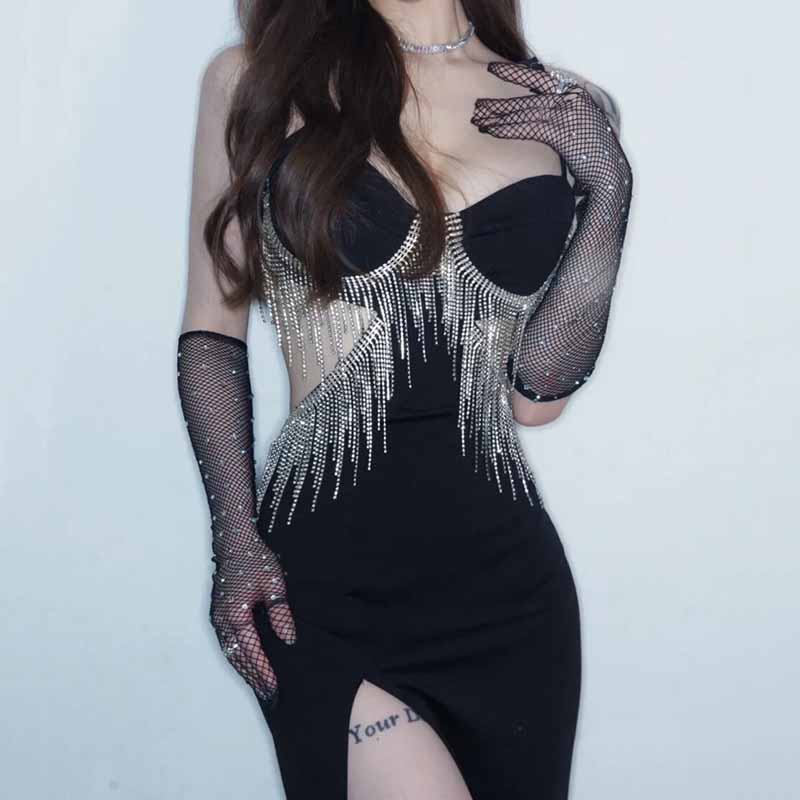 Sexy Elastic Mesh Women's Long Gloves Flash Diamonds  Party Bungee Stage Performance Hollow Fishing Net Punk Hiphop Accessories