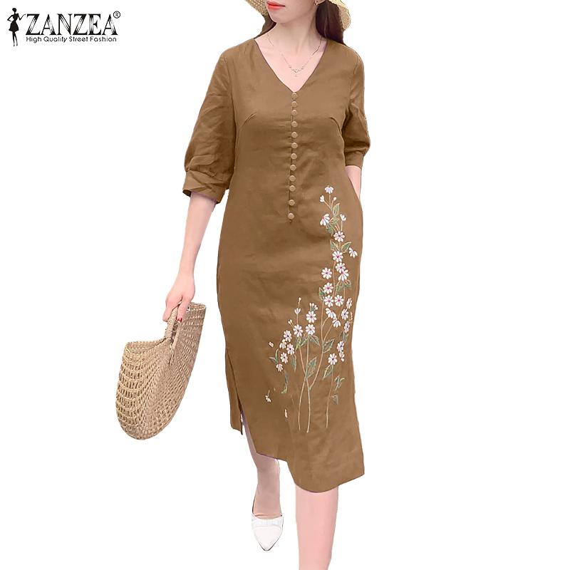 ZANZEA Women Casual V-Neck 3/4 Sleeve Loose Floral Embroidery Dress
