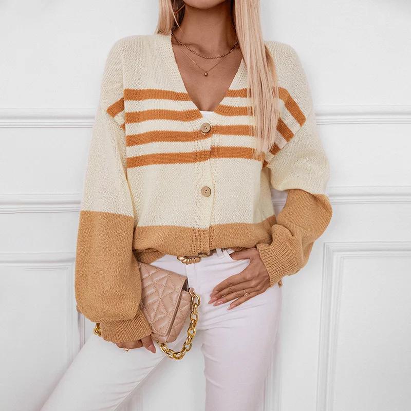 

Женский вязаный кардиган 2024 года, осень/зима, новый стиль, полосатый соединительный свитер, цветной блок, открывающийся свитер, пуловеры XL