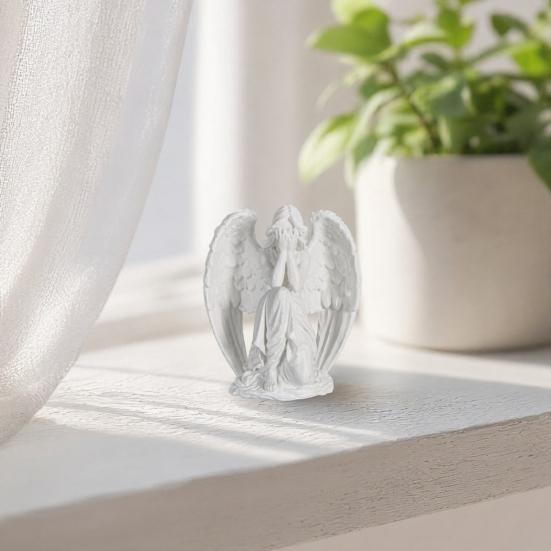 3D-printad ängelfigur, Liten hukande ängel Bordsdekoration, Vitvingad ängelskulptur för Hemträdgårdsdekoration