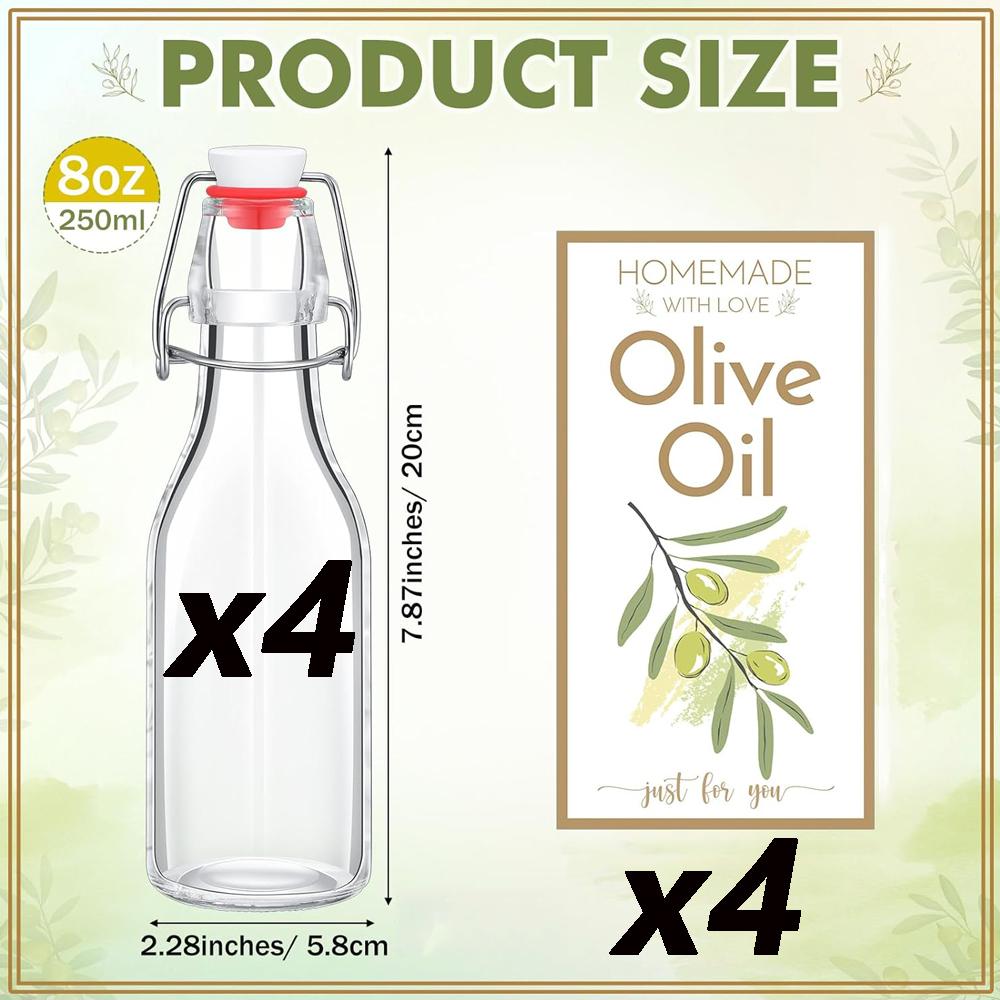 Swing Top Glass Bottles for Olive Oil Homemade 8 oz Clear Flip Top Bottles with Airtight Lids Labels for Storing Homemade Oil