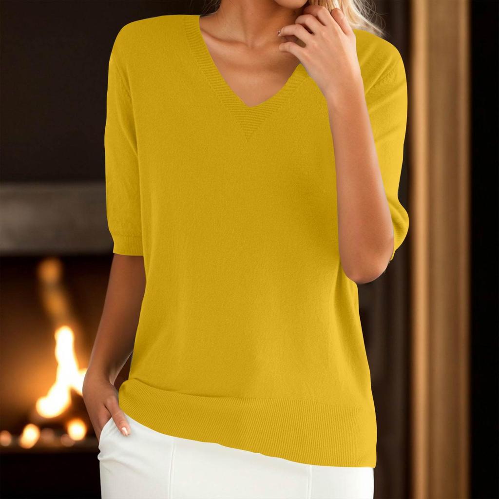 Women's Sweater T-Shirt Short Sleeve Knitted Tops Pullover V-Neck Sweater Lightweight Casual Color Sweater Elegant Spring Summer Tops