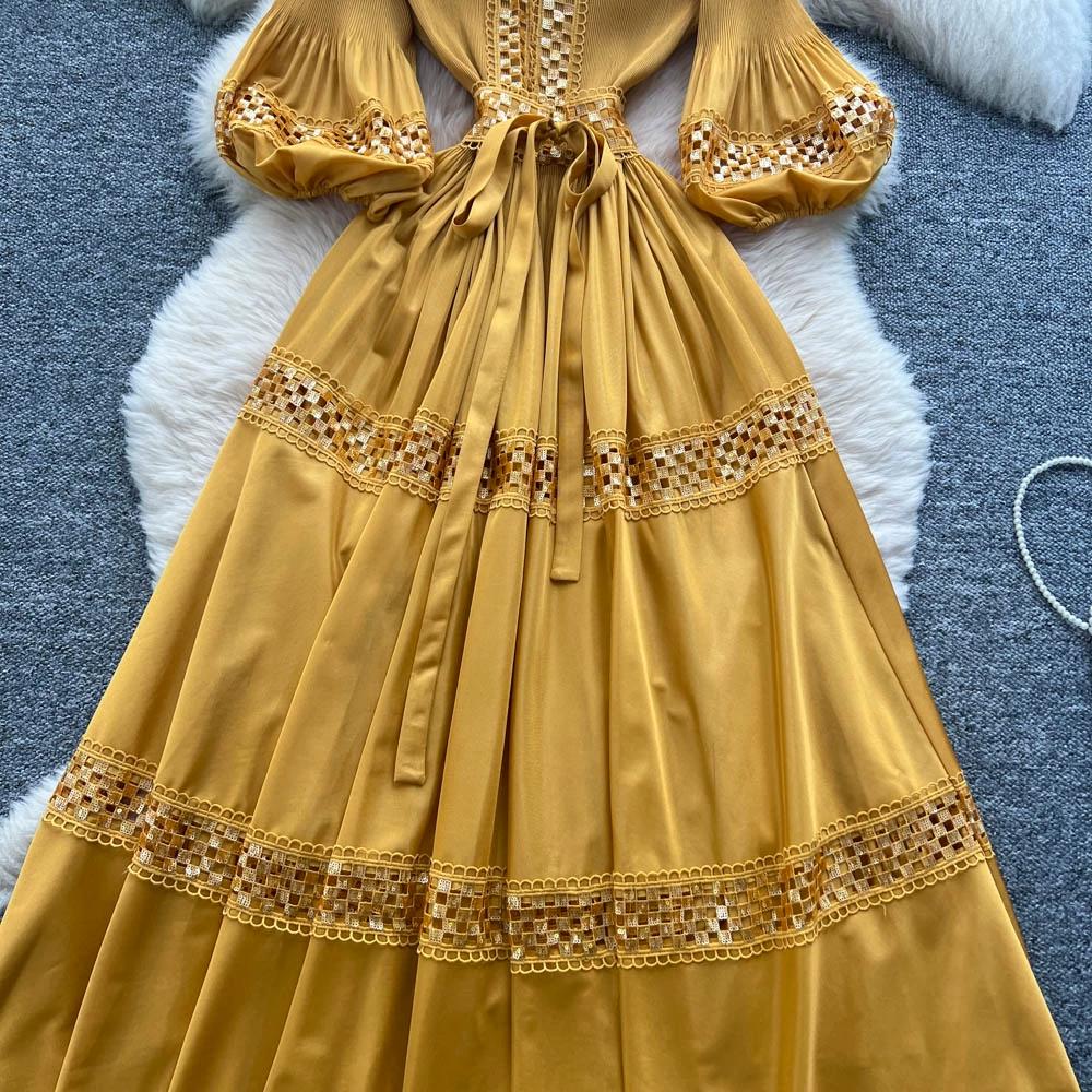 High-End Heavywork Lacing Paillette-Panel Waist-Banding Lantern Sleeve Maxi Dress for Women Autumn Charming Long Women Dress