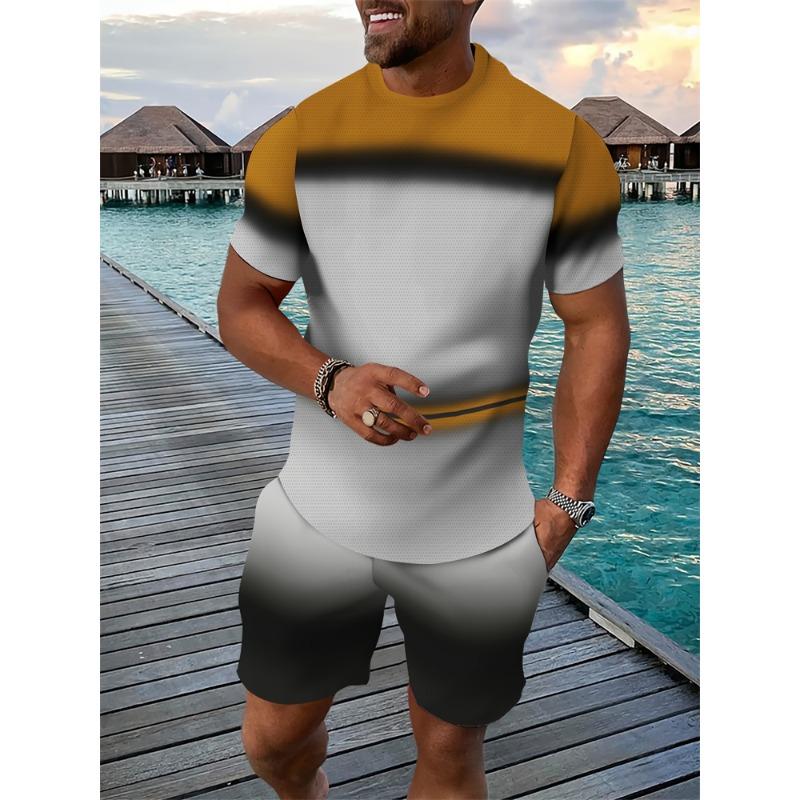 Summer Bestseller T-Shirt Set Color-Block Striped Short-Sleeve T-Shirt & Shorts Set Casual Outdoor Running Fitness Set