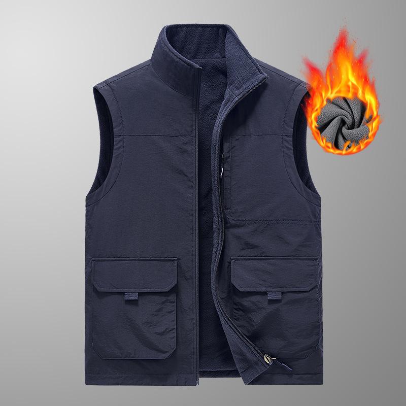 Autumn and Winter Men's Middle-aged Velvet Thickened Vest with A Base To Keep Warm and Casual Vest, Wearing A Multi-pocket Vest on Both Sides