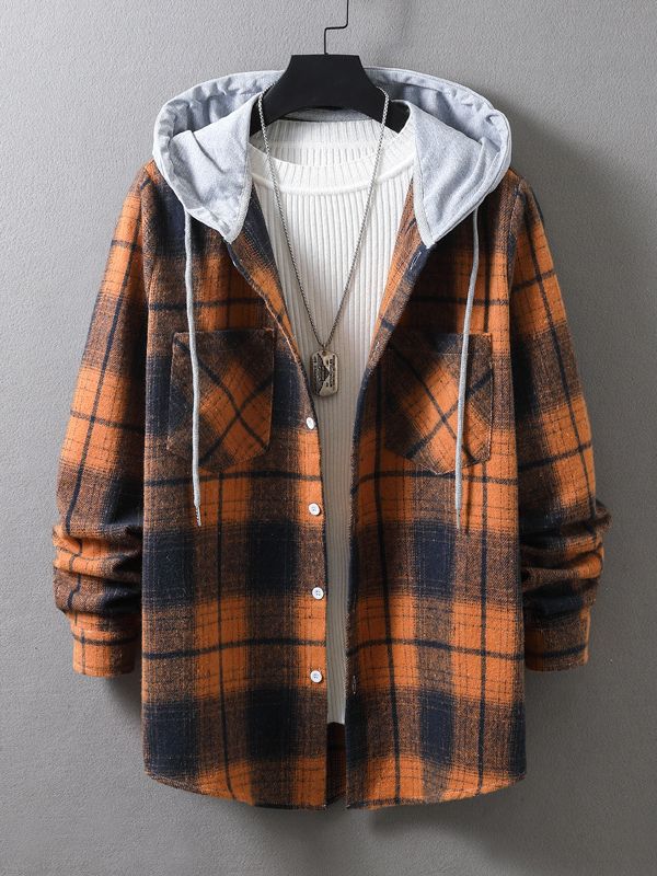 Vår och Höst Herr Casual Långärmad Rutig Huvtröja Herr Trend Mode Lös Skjorta Jacka