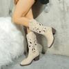 Fashion Women's Fashionable Breathable Hollow Embroidered Vintage Western Boots Chunky Heels Knee High Cowboy Boots Woman Knight Booties