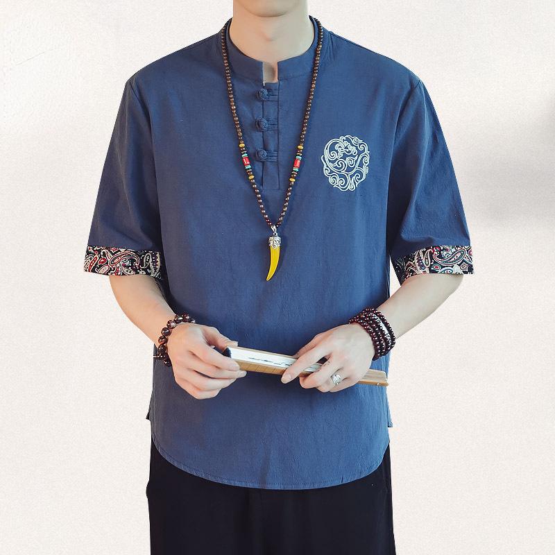 

Мужские повседневные хлопковые льняные рубашки, мужские однотонные свободные топы с короткими рукавами, летние красивые мужские рубашки M темно-синий
