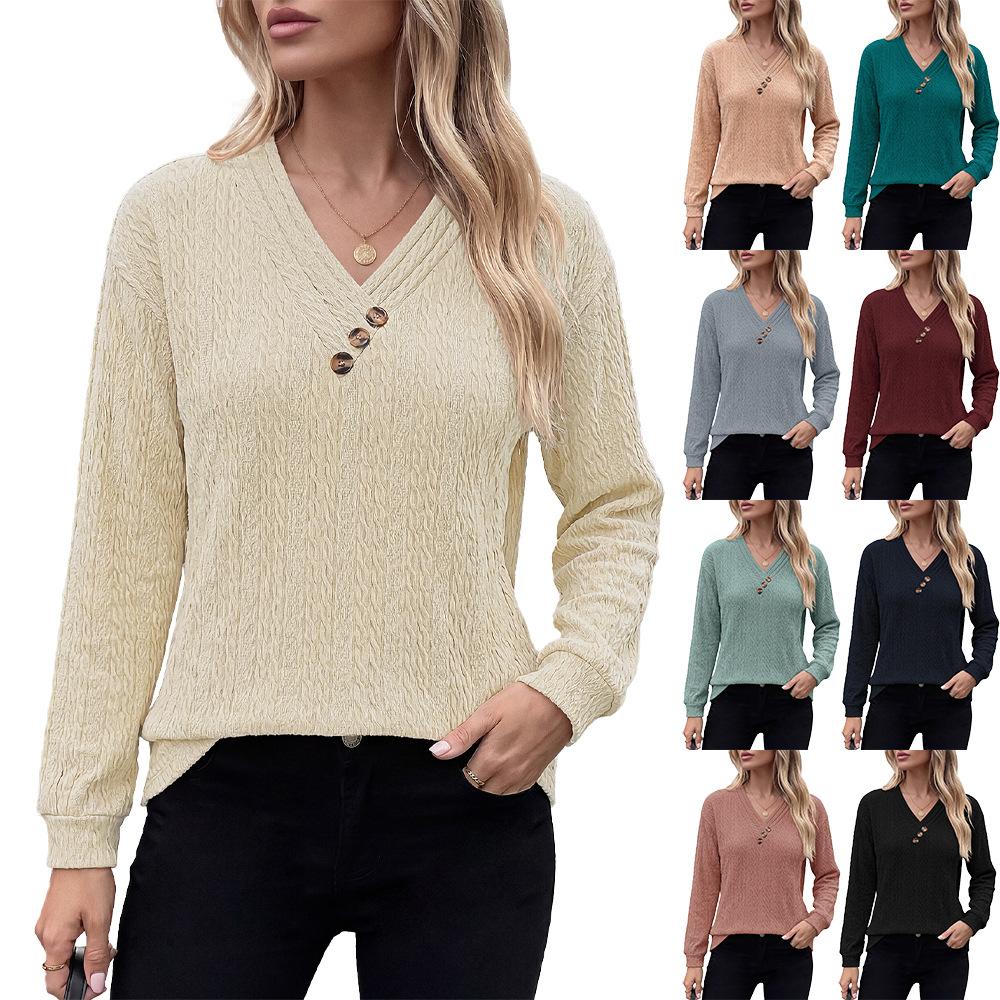 Women's V Neck Button Detail Long Sleeve Textured T-Shirt Casual Loose Solid Color Pullover Top Autumn