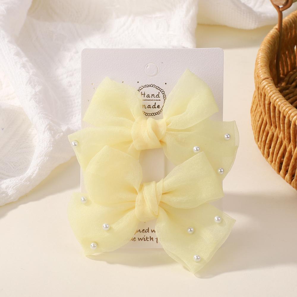 2Pcs/Set Pearl Bows Hair Clips Cute Sweet Girls Side Clip Solid Color Hairpin Handmade with Bow Hair Accessories Headdress Gifts