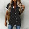 Women Plus Size Brown Blue Plaid Printed Collared Neck Short Sleeve Button Front High Low Curved Hem Shirt