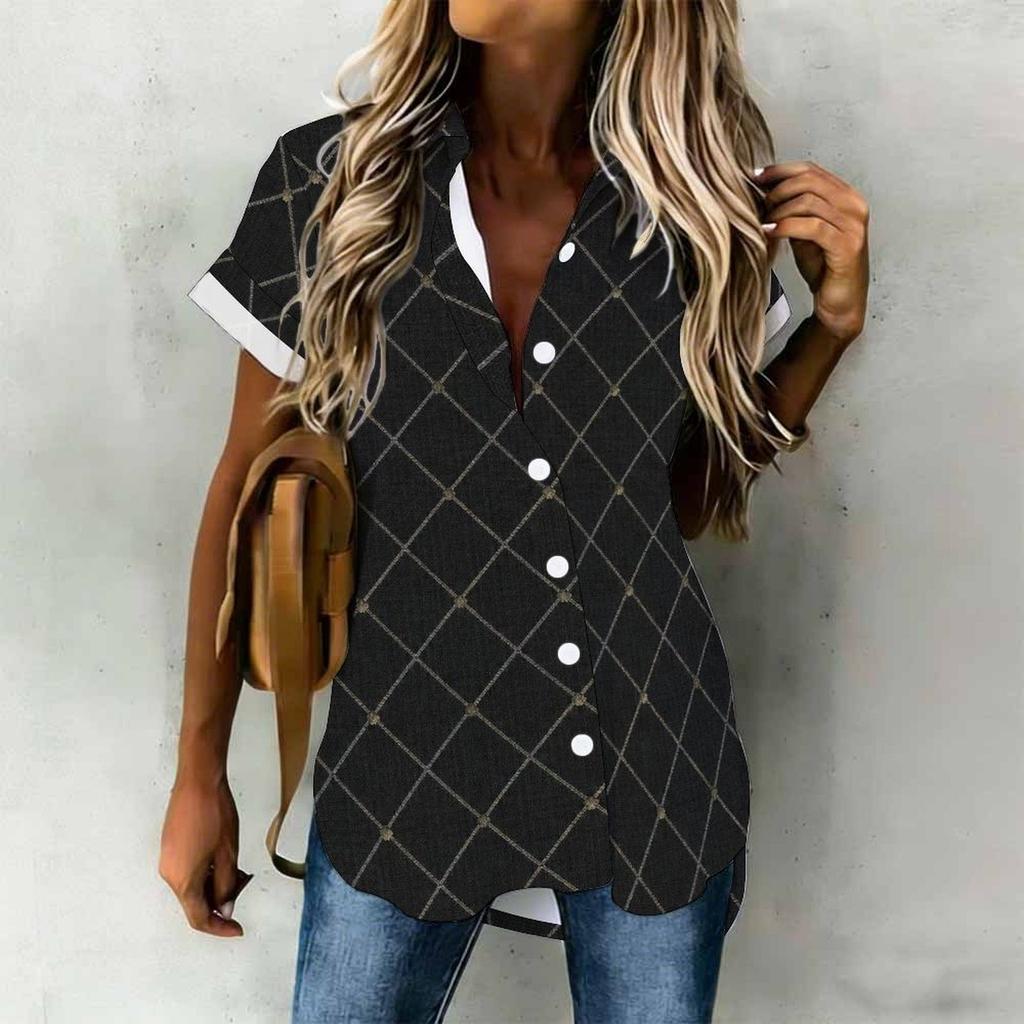 Women Plus Size Brown Blue Plaid Printed Collared Neck Short Sleeve Button Front High Low Curved Hem Shirt