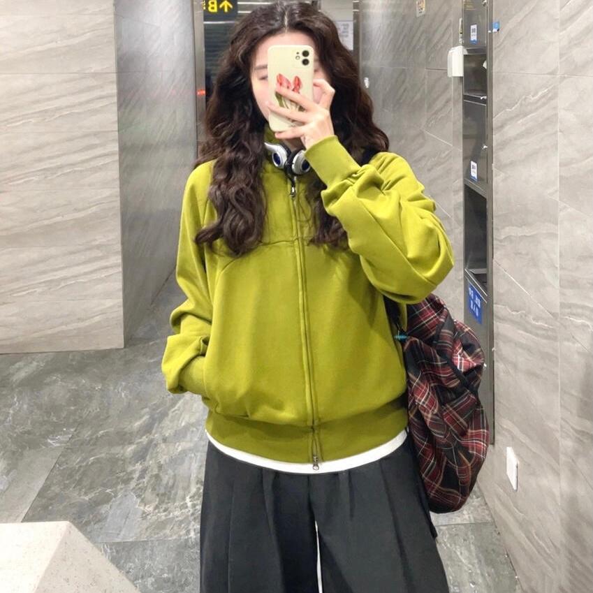 Women's Green Retro Style Zip-Up Hooded Sweatshirt Jacket - Spring Collection