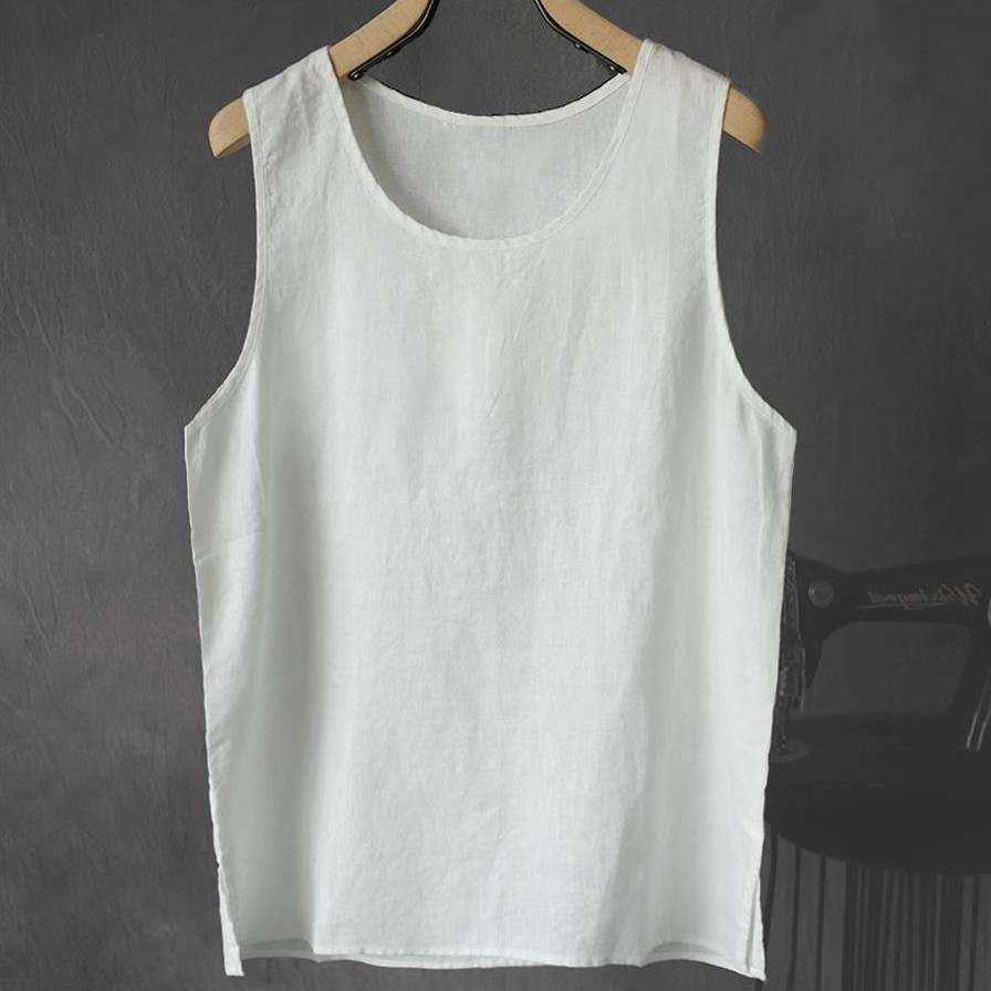 

2024 Мужская свободная льняная футболка без рукавов: Молодежный, модный, однотонный, легкий летний жилет. XL 115-130 jin