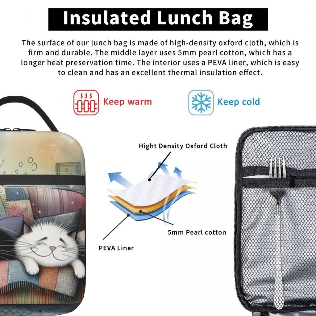 Cartoon Cat In Colour Sofa Pattern Insulated Lunch Bag for Women Children Leakproof Food Boxes Thermal Lunch Box Tote
