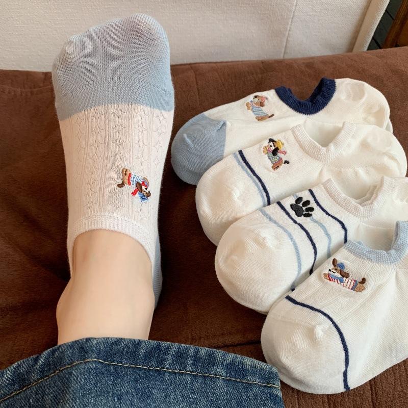 Summer Low-cut Short Socks for Women Featuring Cartoon Dog Design, Anti-slip, Invisible, Cotton, Sweat-absorbing and Breathable Socks