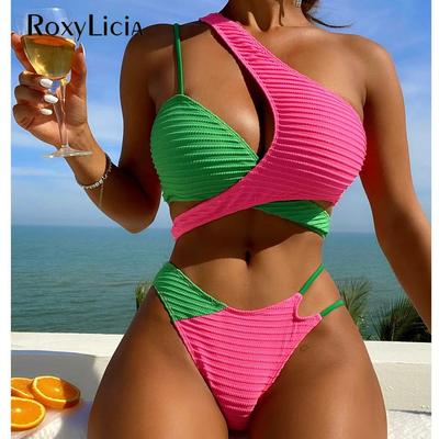 Sexy Splicing One Shoulder Mid Waist Bikini Women Swimwear Female Swimsuit Two-pieces Bikini Set Bather Bathing Suit Swim