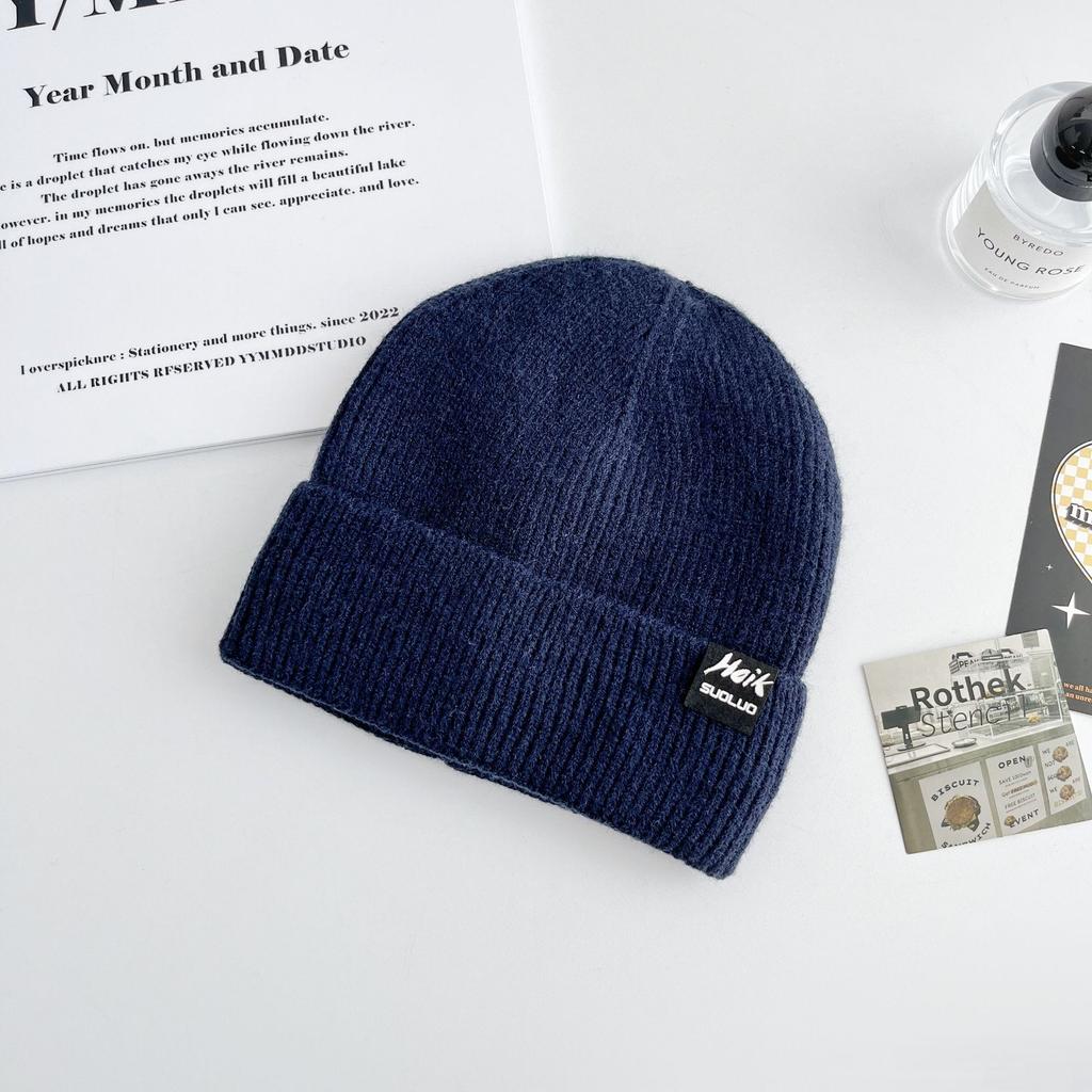 Korean Version of All-match Letter Labeling Flip Hat Brim Wool Hat Windproof Cold Hat Autumn and Winter Warm Knitted Hat Label
