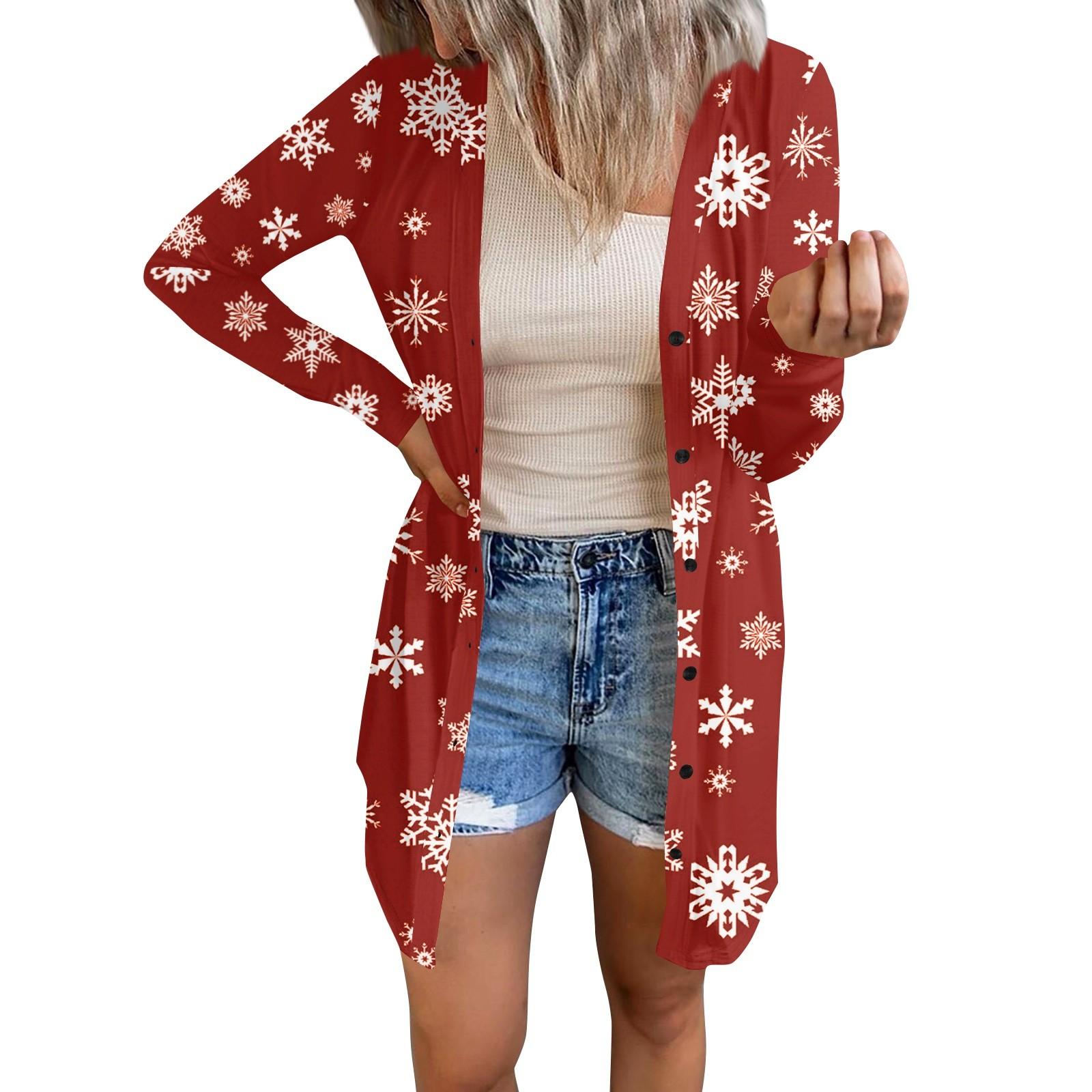 

Длинный рукав Женский ретро принтованный топ Легкий базовый свободный жакет Кардиган Повседневные рубашки Рождество M киноварь