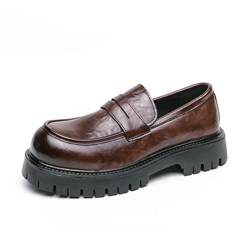 Men's Casual Leather Thick Soled Brown Shoes Business Fashion Spring British Style Loafers Mens Slip-on Outdoor Round Toe Shoes