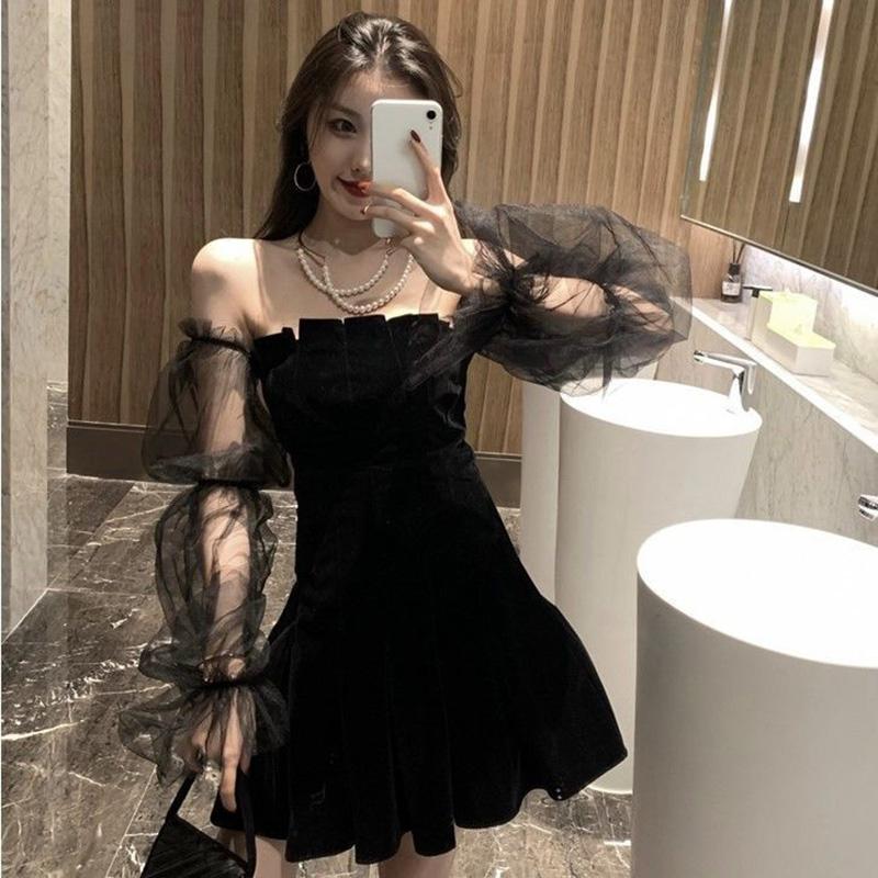 Sexy Woman Velvet Net Yarn Lantern Sleeve Tube Top Dress A-line Skirt Long Sleeve Hollow Out Bare Shoulders Nightclub Bar Wedding Party