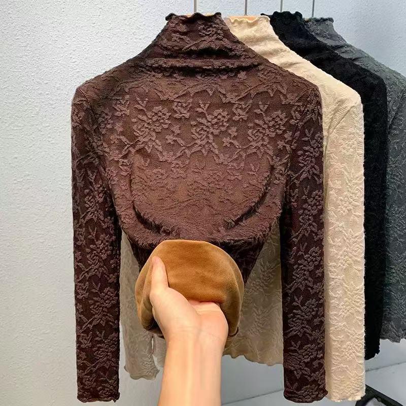 Women's High-Neck Lace Jacquard Base Layer Top - Fleece or Thin-Lined for Autumn & Winter Warmth.