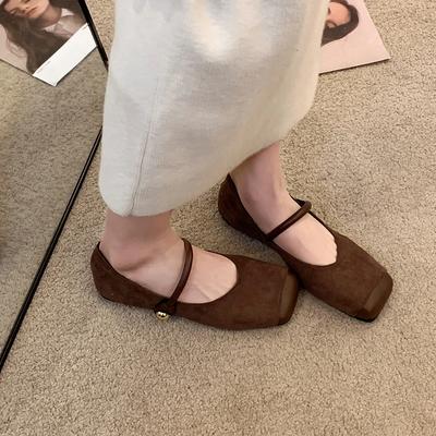 Modne damskie baletki ze sztucznego zamszu Mary Jane buty francuskie kwadratowe palce pasek z klamrą codzienne buty wygodne damskie solidne płaskie buty 2024