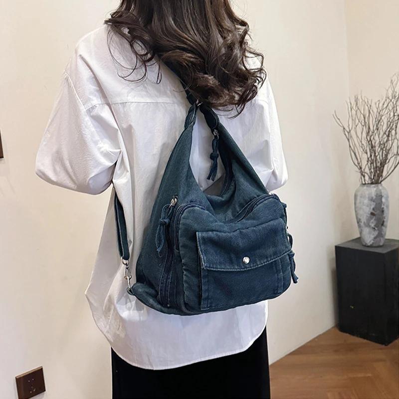 Japanese Harajuku Style Large Capacity Tote Bag Female New Casual Fashionable Multifunctional Denim Shoulder Messenger Bag