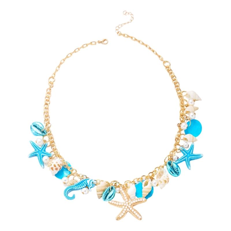 

Stylish Ocean Themed Jewelry Piece Featuring Shell And Starfish Design In Shining Alloy Shell Pendant Neck Chain синій