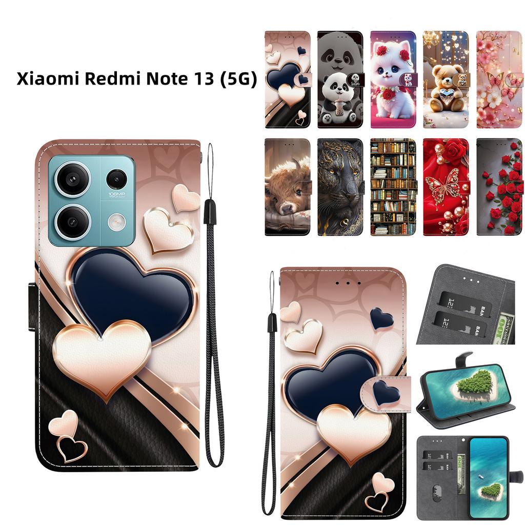 Handmade PU Leather Flip Case for Xiaomi Redmi Note 13 (5G) Anti-Slip Shockproof Cover with Wrist Strap & Heart/Rose Cat Designs