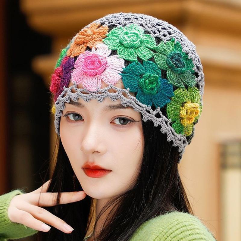 Cotton Crochet Brimless Hat With HollowOut Flower Design Summer Vacation Casual Skull Cap For Women Everyday Wear