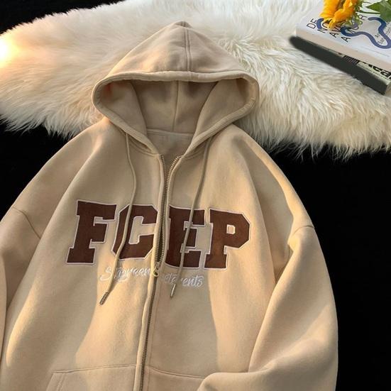 Herren Herbst Winter Kapuzenmantel Kordelzug Locker Kapuzen-Reißverschluss-Cardigan Buchstabenstickerei Oberbekleidung