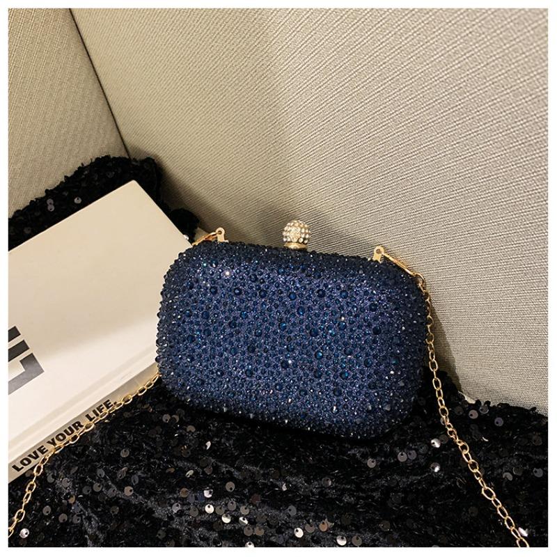 

Fashion lady shiny rhinestone decorative small hand bag box type dinner bag fashionable temperament elegant hand bag синій