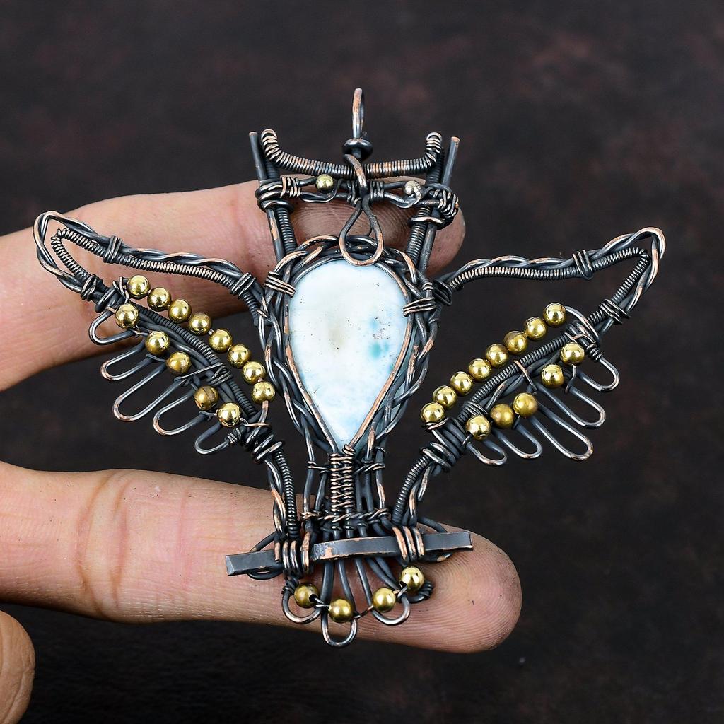 Larimar Pendant Copper Wire Wrapped Pendant Gemstone Pendant Owl Pendant Copper Wire Wrap Jewelry Handmade Pendant Larimar Jewelry For Gift