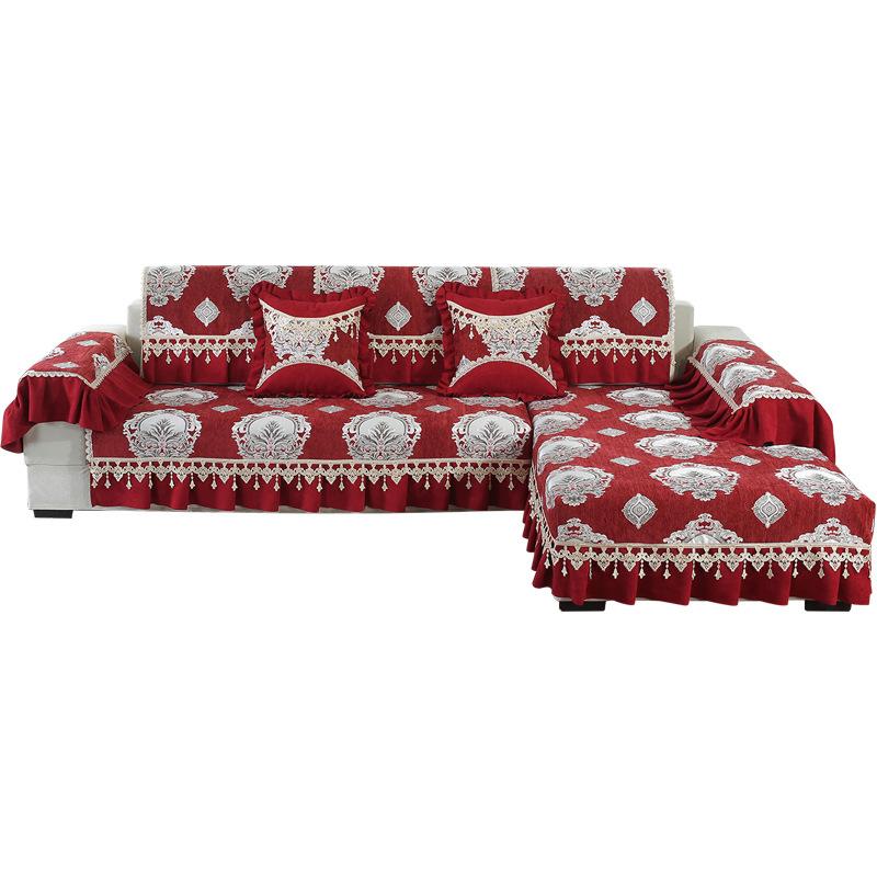 Europe Solid Color Embroidery Sofa Covers for Living Room L-shape Non-slip Floral Lace Armrest Towel Couch Cushion Slipcover