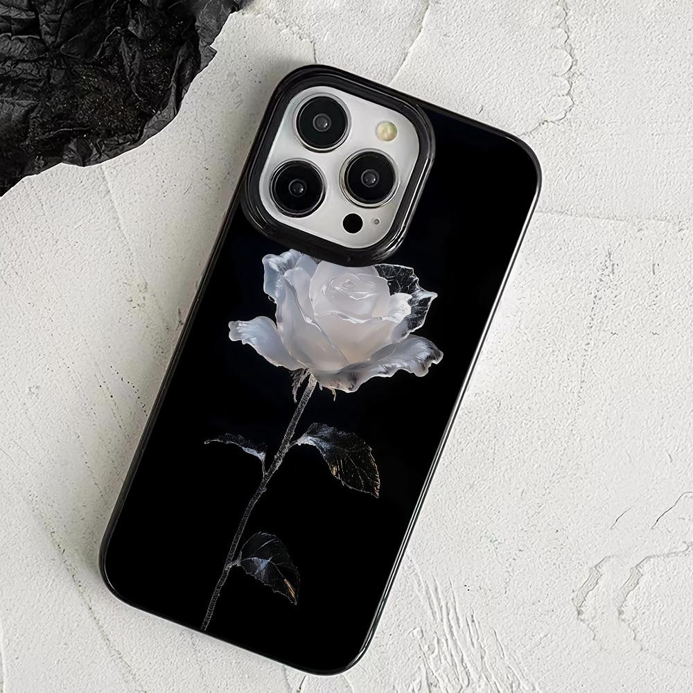 Luxury Case For Iphone 17 Pro Max White Rose Design Phone Case For IPhone 16 Plus 15 14 13 12 11 17Air Soft Black Back Cover
