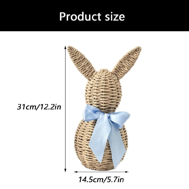 Artistic Woven Faux Rattan Easter Bunnies Figurine Decoration with Bowknot for Farmhouse Home Decors Festives Ornament