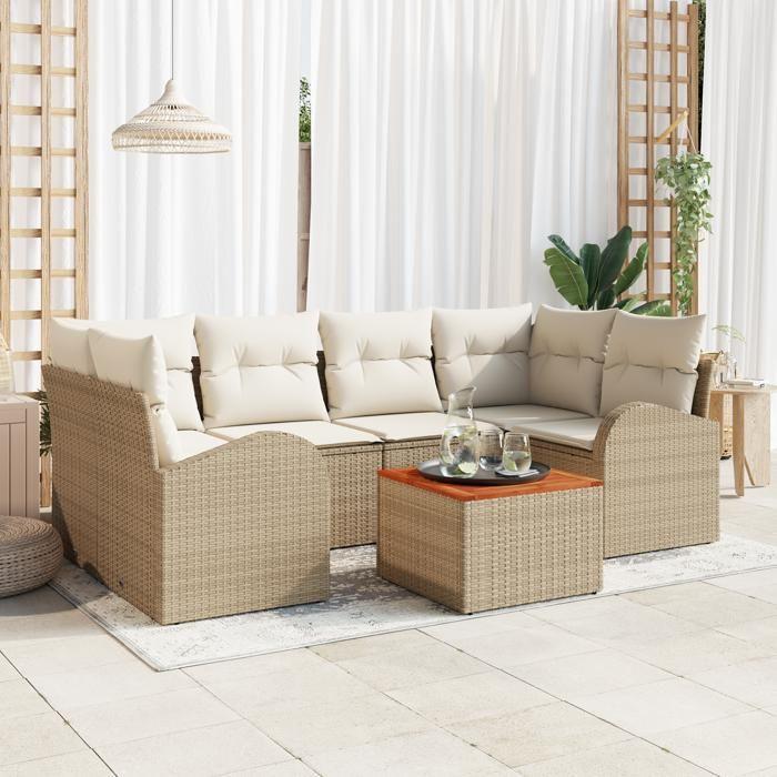 VidaXL 7-piece Garden Sofa Set with Beige Cushions Poly Rattan Acacia 3347533