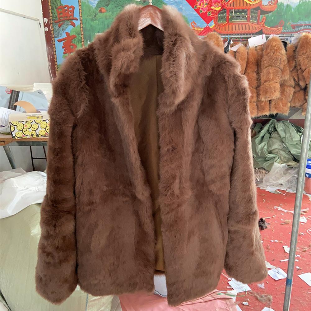 Real Rabbit Fur Coat Long Woman Winter Fashion Stand Collar Plus Size Luxury Warm Outwear Waisted Real Fur