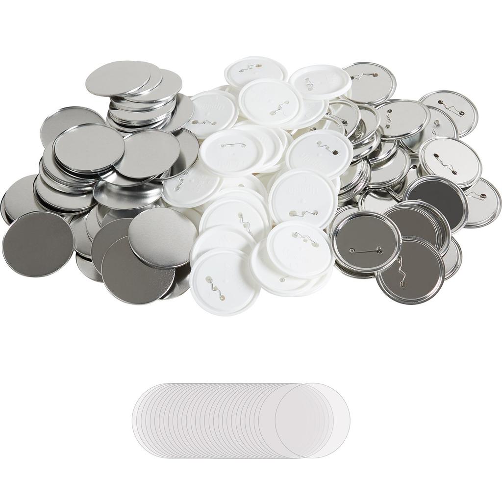 VEVOR 200 Sets 3 inch 75mm Pin Back Button Parts, DIY Round Button Badge Parts, Set Includes Metal Top, Plastic/Metal Button, Clear Film
