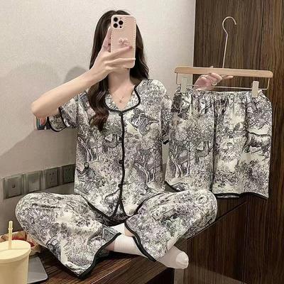 Damen Pyjama Frühling, Sommer und Herbst Dünnes Dreiteiliges Set Kurzarm Lange Hose Homewear Niedlicher Lockerer Pyjama