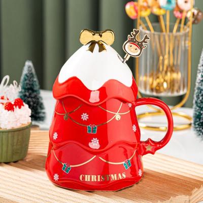With Lid and Spoon Christmas Tree Ceramic Mug Ceramic Christmas Tree Shape Christmas Coffee Cup 500ml Red/Pink/Blue/Green
